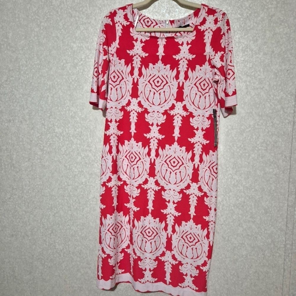 Tiana B Red and White Sheath Midi Dress with 3/4 Sleeves...SIZE:10